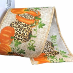 2.5" Natural Linen Cheetah Pumpkin Ribbon: Orange (10 Yards)