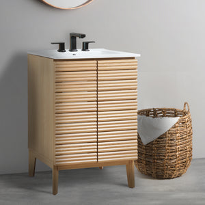 Calandre Thin Linear Slat Modern Farmhouse 2-Shelf Bath Vanity Cabinet Only