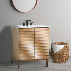 Calandre Thin Linear Slat Modern Farmhouse 2-Shelf Bath Vanity Cabinet Only