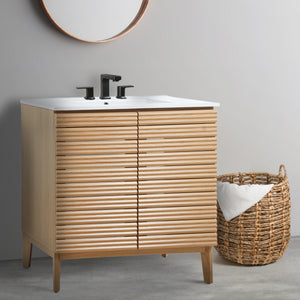 Calandre Thin Linear Slat Modern Farmhouse 2-Shelf Bath Vanity Cabinet Only