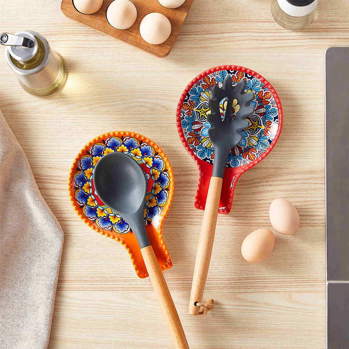 Simi Spoon Rests Set of 2 Porcelain with Vibrant Floral Design