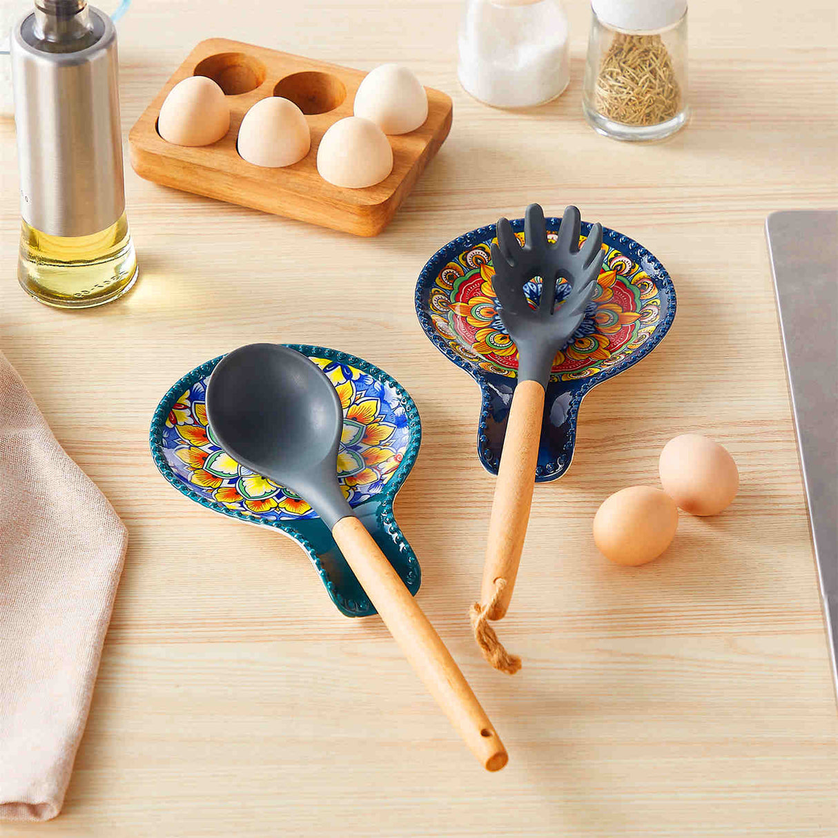 Simi Spoon Rests Set of 2 Porcelain with Vibrant Floral Design