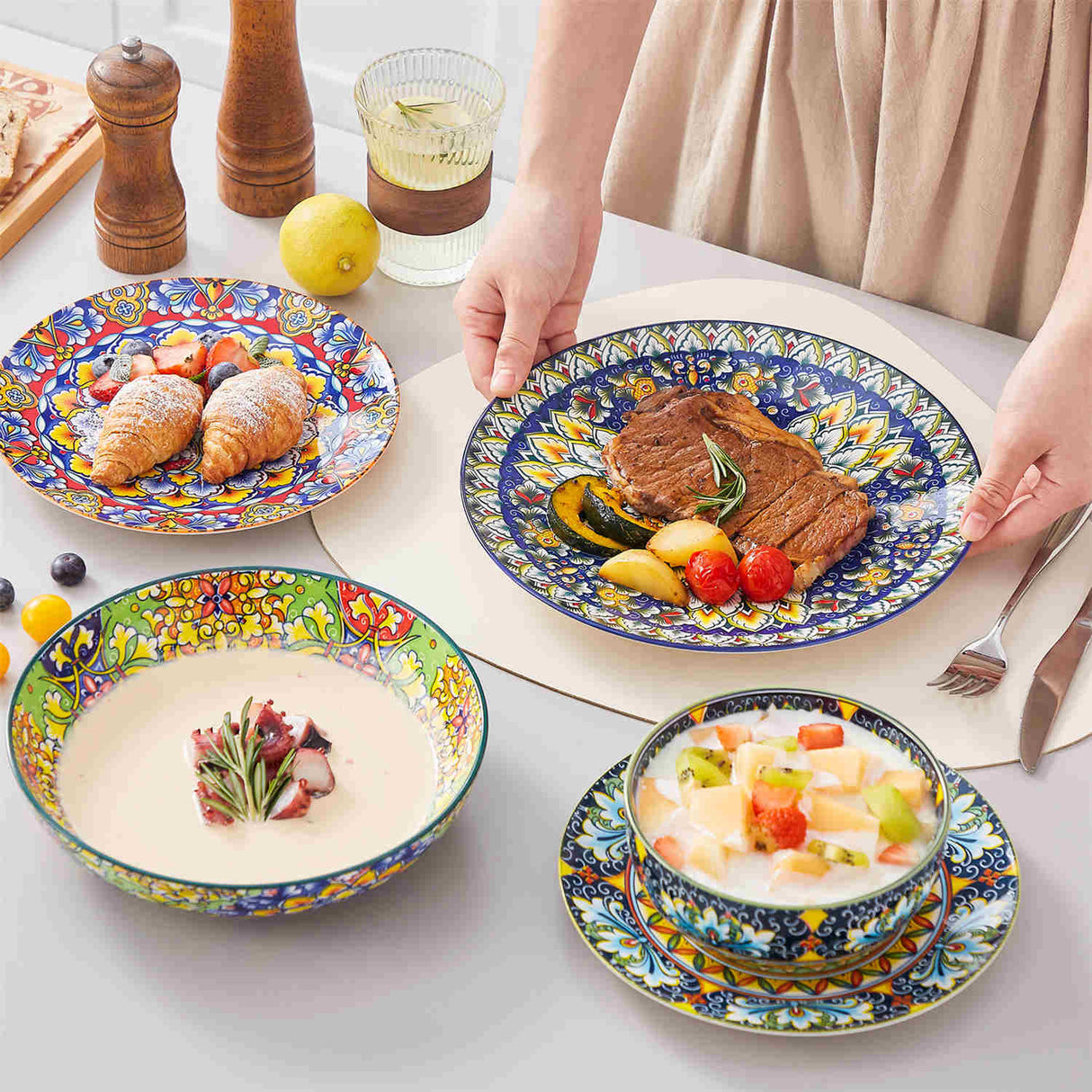 Simi 24 Piece Dinnerware Set with Double-Sided Bowls