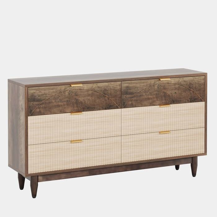 Retro Mid-Century Modern 6 Drawer Dresser Chest of Drawers in Vintage Brown