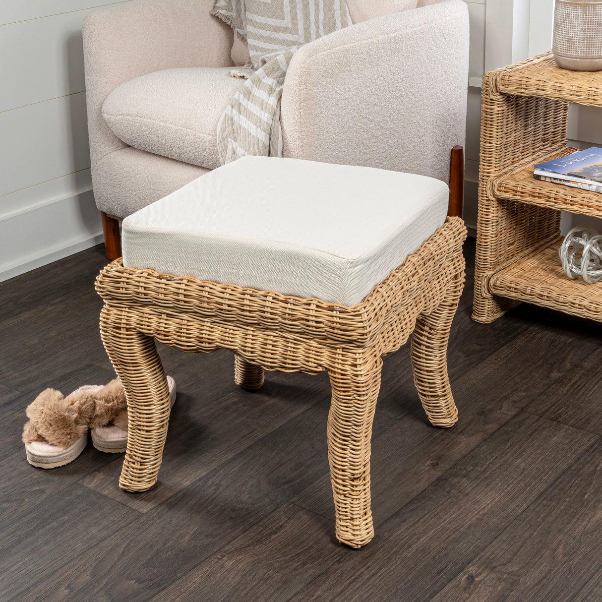 Rowan Bohemian Designer Woven Rattan/Wood Vanity Stool