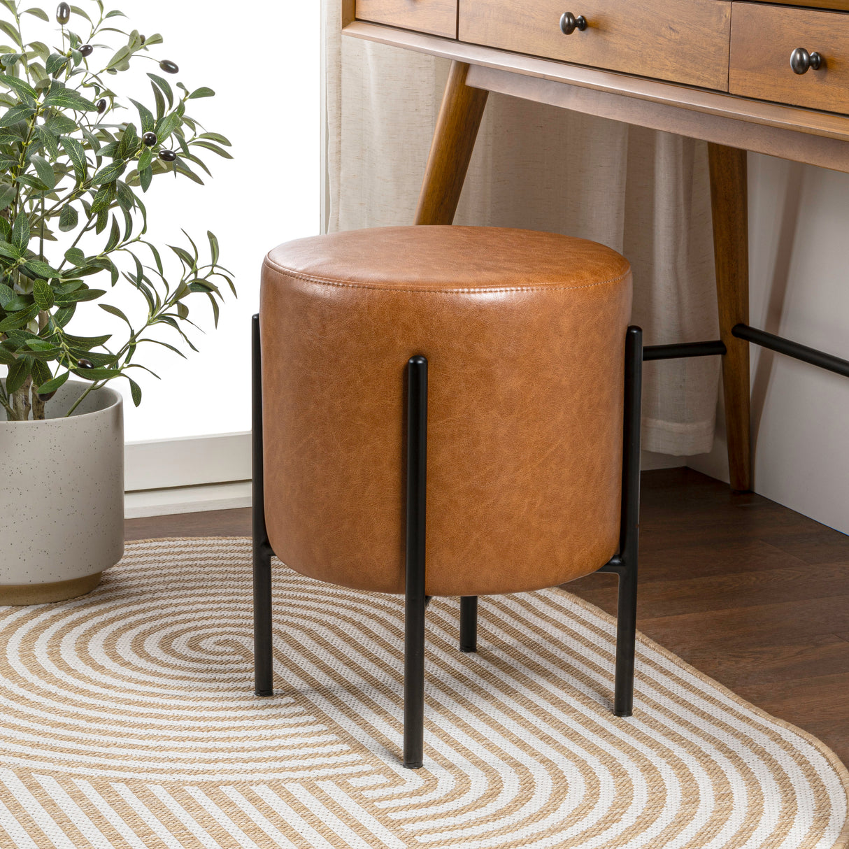 Silvia 18.5" Modern Minimalist Round Backless Metal/Vegan Leather Cushioned Vanity Stool