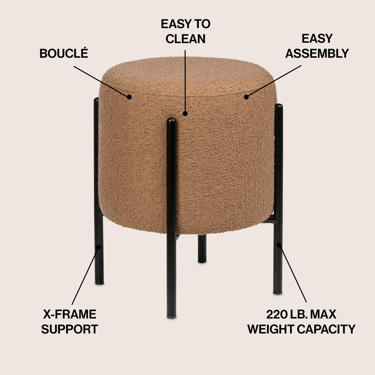 Silvia Modern Minimalist Round Backless Metal/Vegan Leather Cushioned Vanity Stool