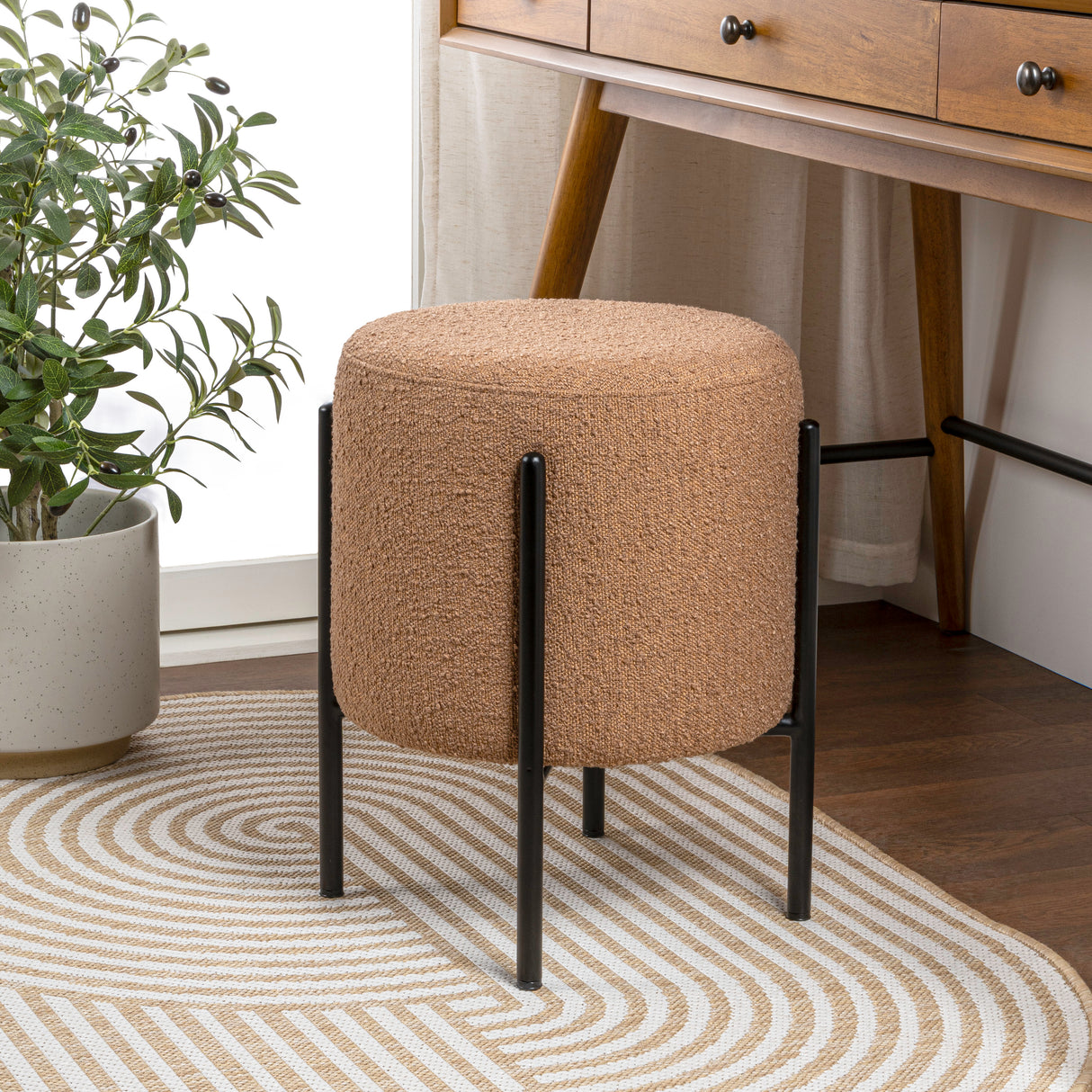 Silvia Modern Minimalist Round Backless Metal/Vegan Leather Cushioned Vanity Stool