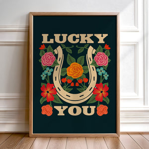 Lucky You Floral Horseshoe Art Print - Navy