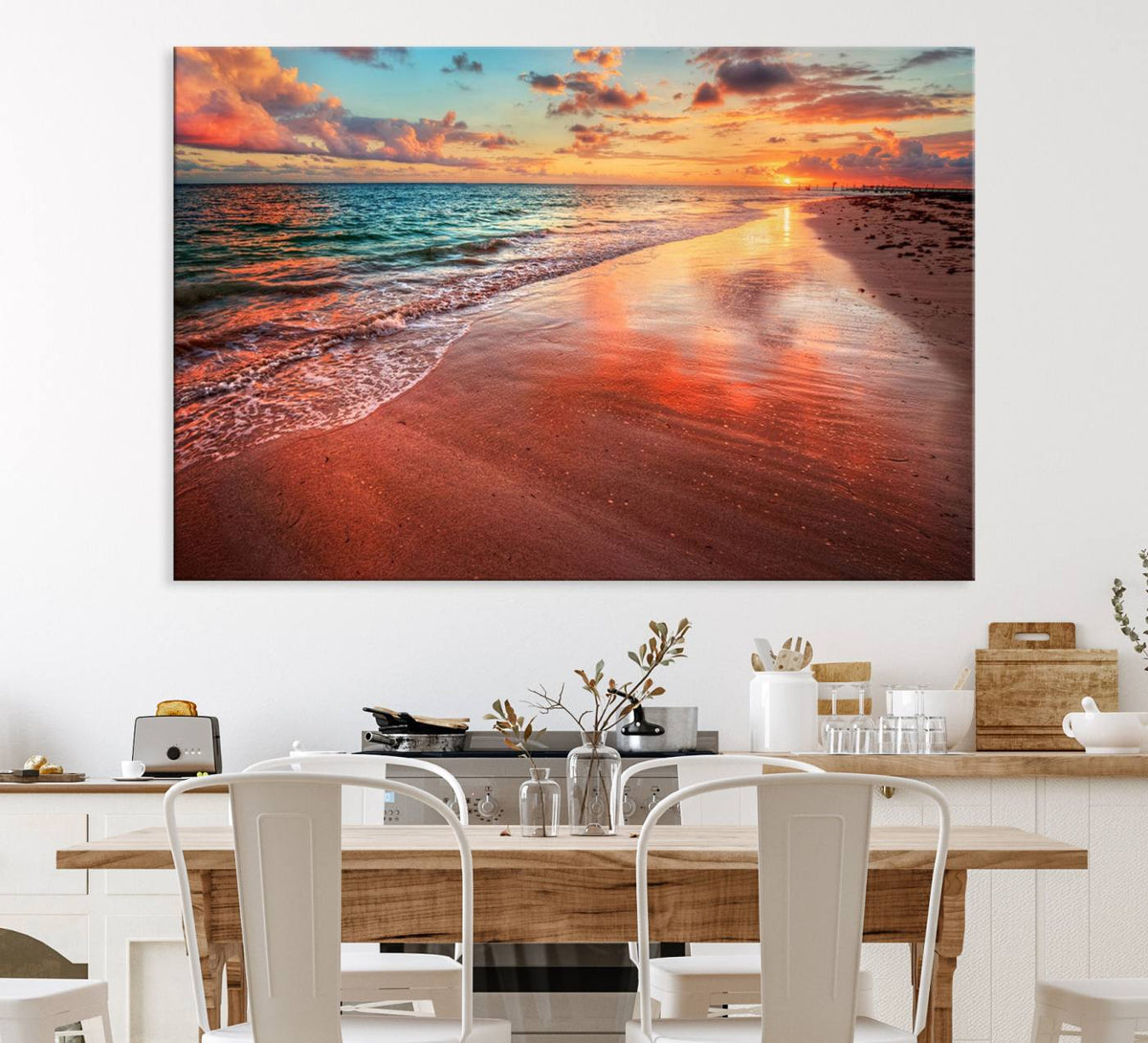 Vibrant Sunset Beach Canvas Print, Ocean Waves and Sandy