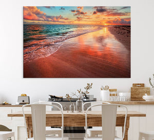 Vibrant Sunset Beach Canvas Print, Ocean Waves and Sandy