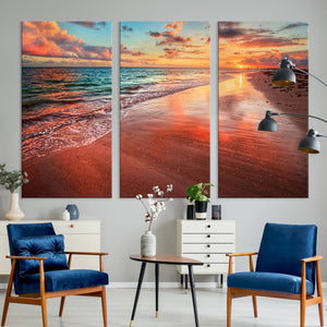 Vibrant Sunset Beach Canvas Print, Ocean Waves and Sandy