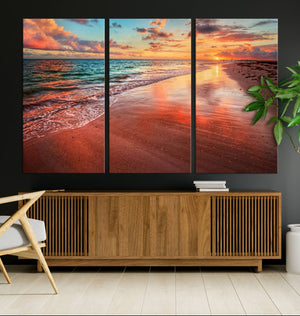 Vibrant Sunset Beach Canvas Print, Ocean Waves and Sandy