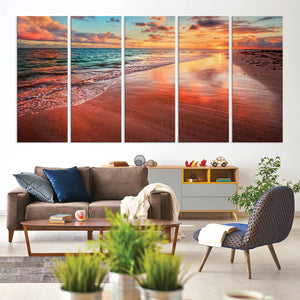 Vibrant Sunset Beach Canvas Print, Ocean Waves and Sandy