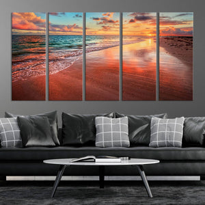 Vibrant Sunset Beach Canvas Print, Ocean Waves and Sandy