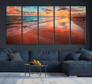 Vibrant Sunset Beach Canvas Print, Ocean Waves and Sandy