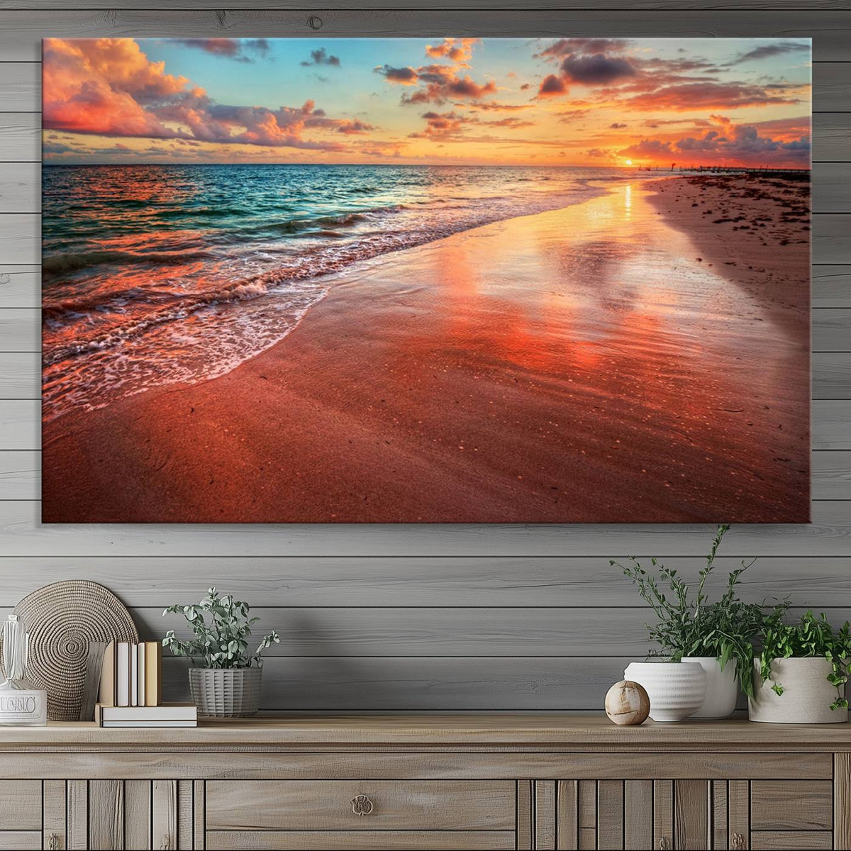 Vibrant Sunset Beach Canvas Print, Ocean Waves and Sandy