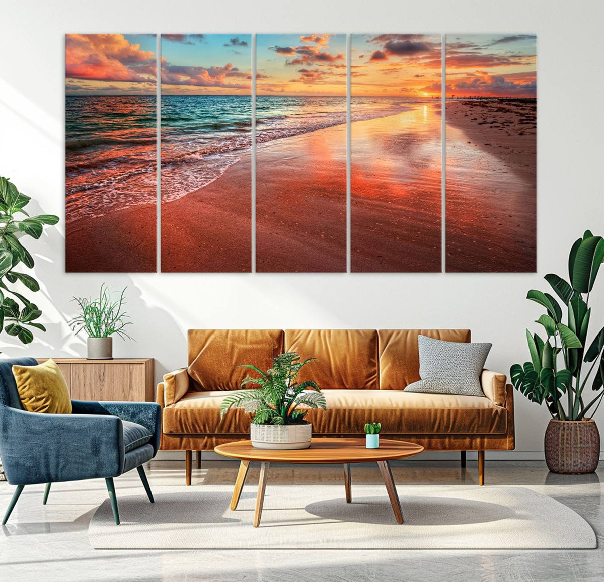 Vibrant Sunset Beach Canvas Print, Ocean Waves and Sandy