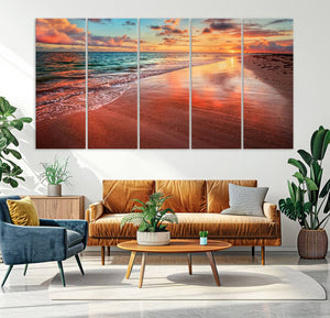 Vibrant Sunset Beach Canvas Print, Ocean Waves and Sandy