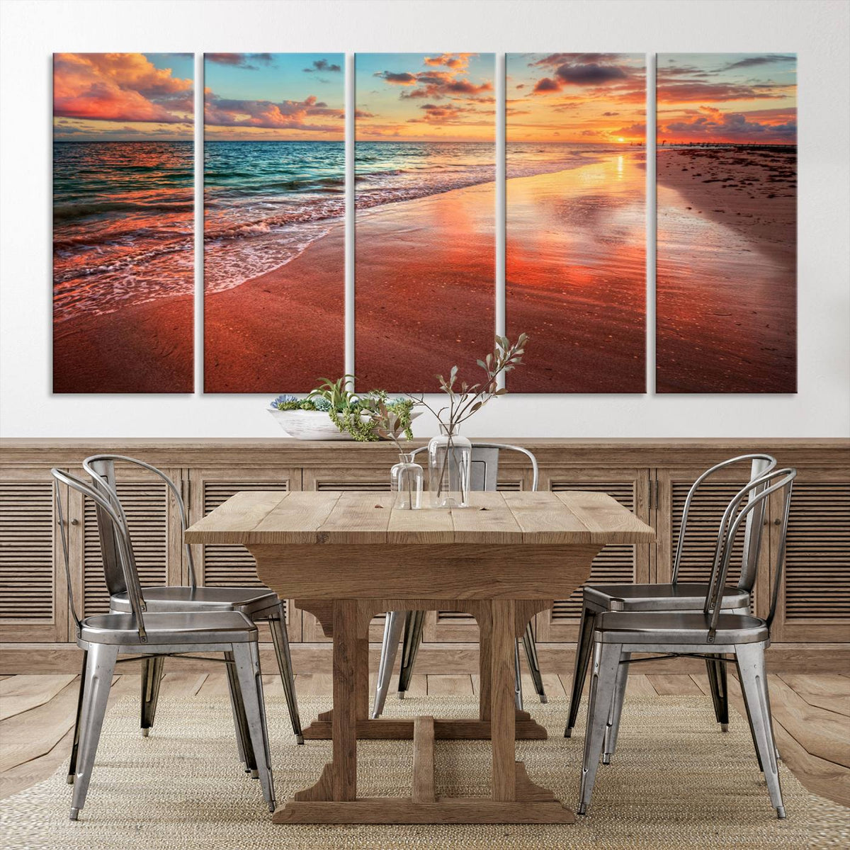 Vibrant Sunset Beach Canvas Print, Ocean Waves and Sandy