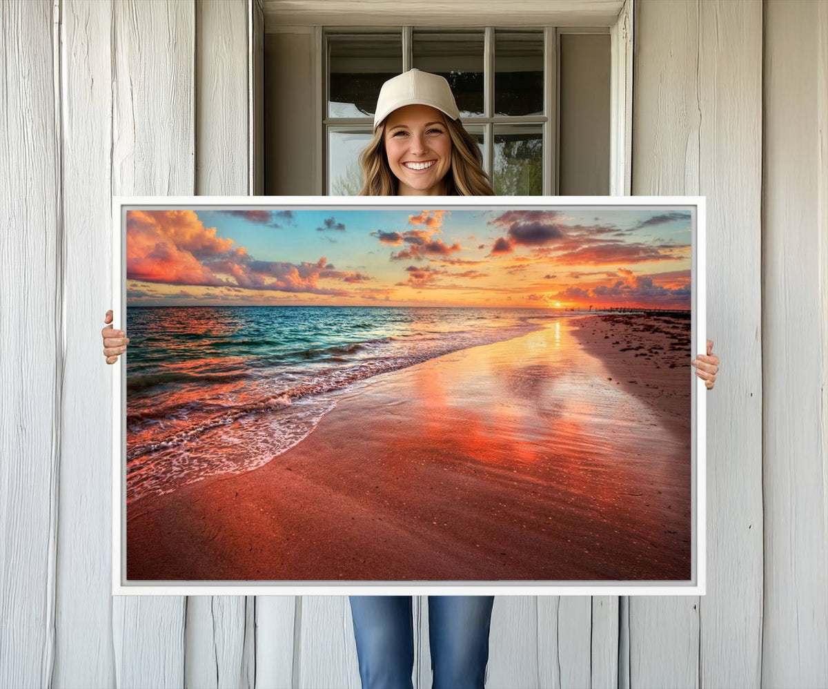 Vibrant Sunset Beach Canvas Print, Ocean Waves and Sandy