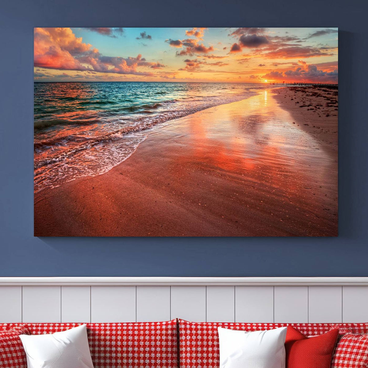 Vibrant Sunset Beach Canvas Print, Ocean Waves and Sandy
