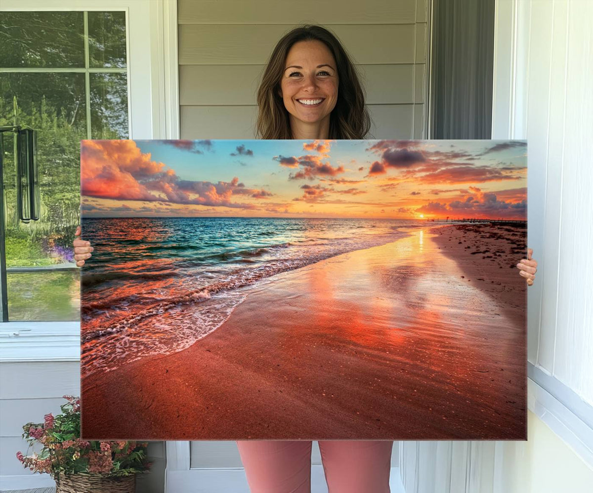 Vibrant Sunset Beach Canvas Print, Ocean Waves and Sandy