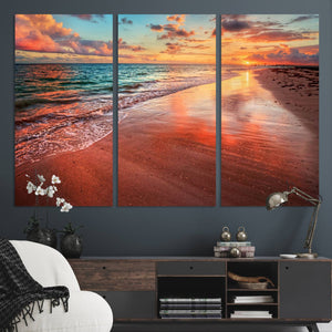 Vibrant Sunset Beach Canvas Print, Ocean Waves and Sandy
