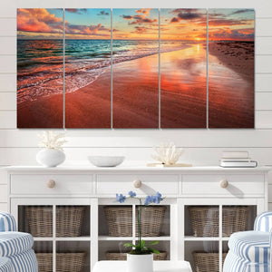 Vibrant Sunset Beach Canvas Print, Ocean Waves and Sandy