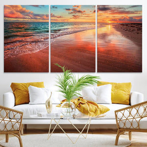 Vibrant Sunset Beach Canvas Print, Ocean Waves and Sandy