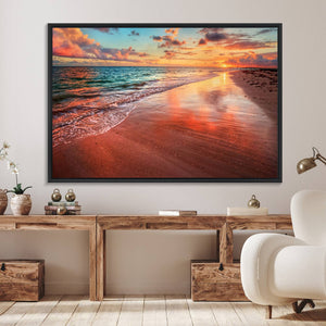 Vibrant Sunset Beach Canvas Print, Ocean Waves and Sandy