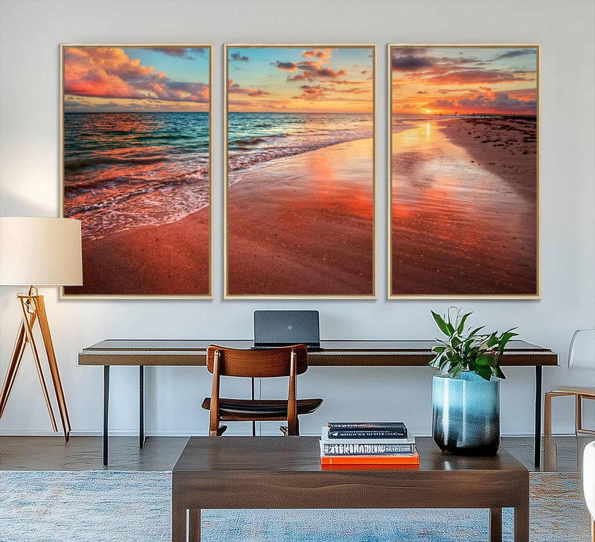Vibrant Sunset Beach Canvas Print, Ocean Waves and Sandy