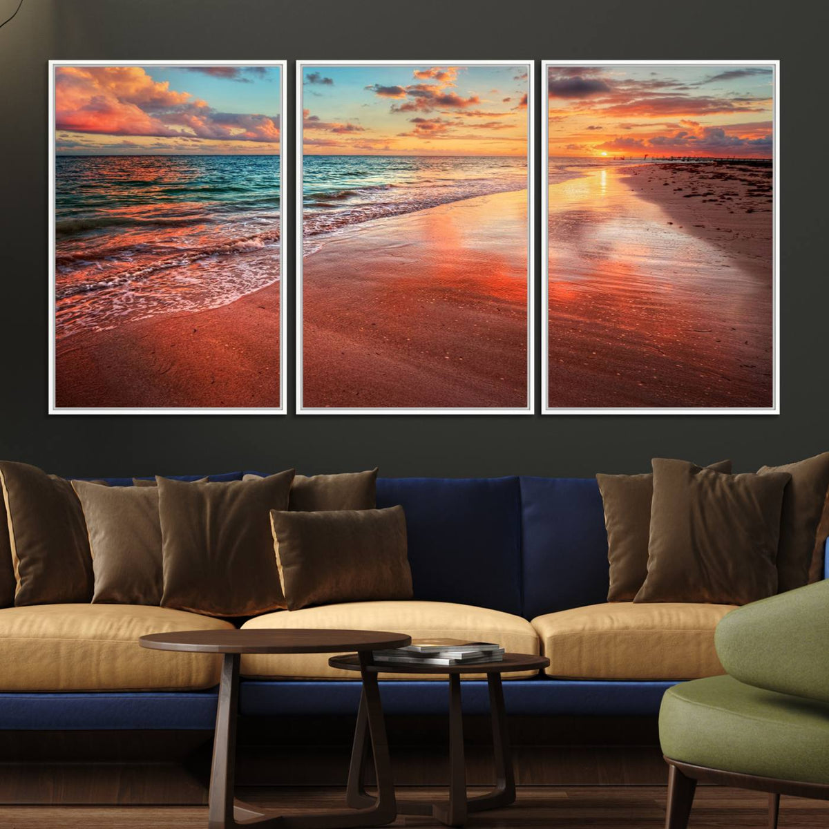 Vibrant Sunset Beach Canvas Print, Ocean Waves and Sandy