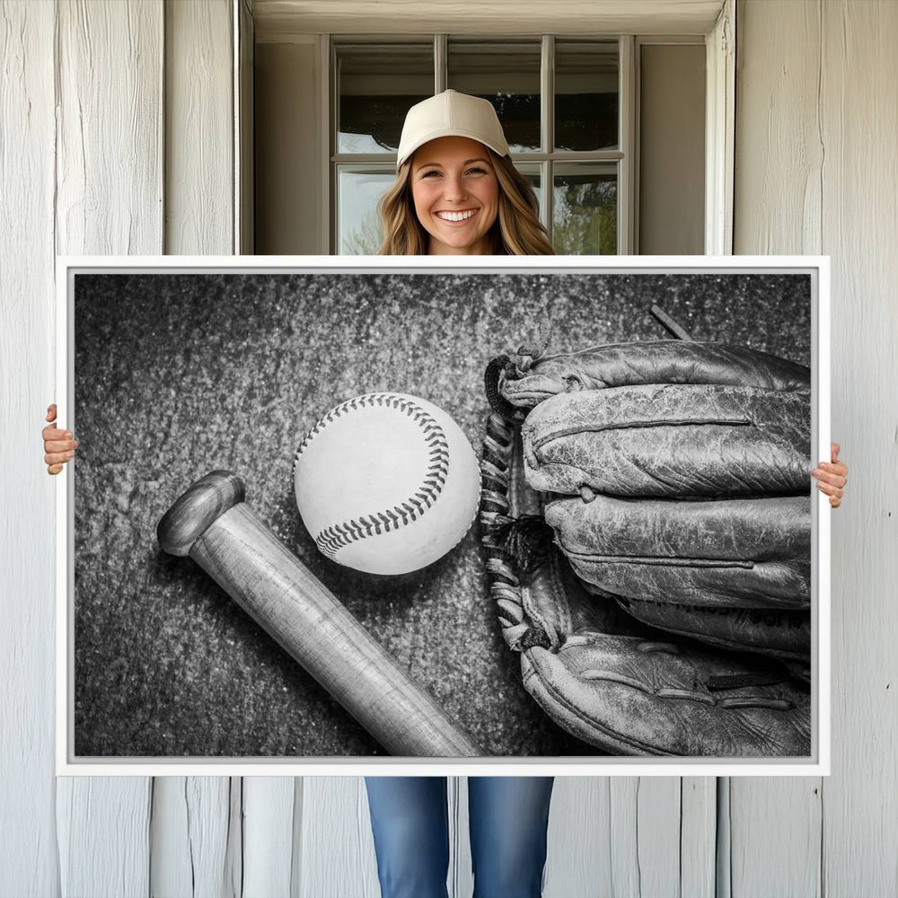 Vintage Baseball Glove and Bat Sports Wall Art Canvas,