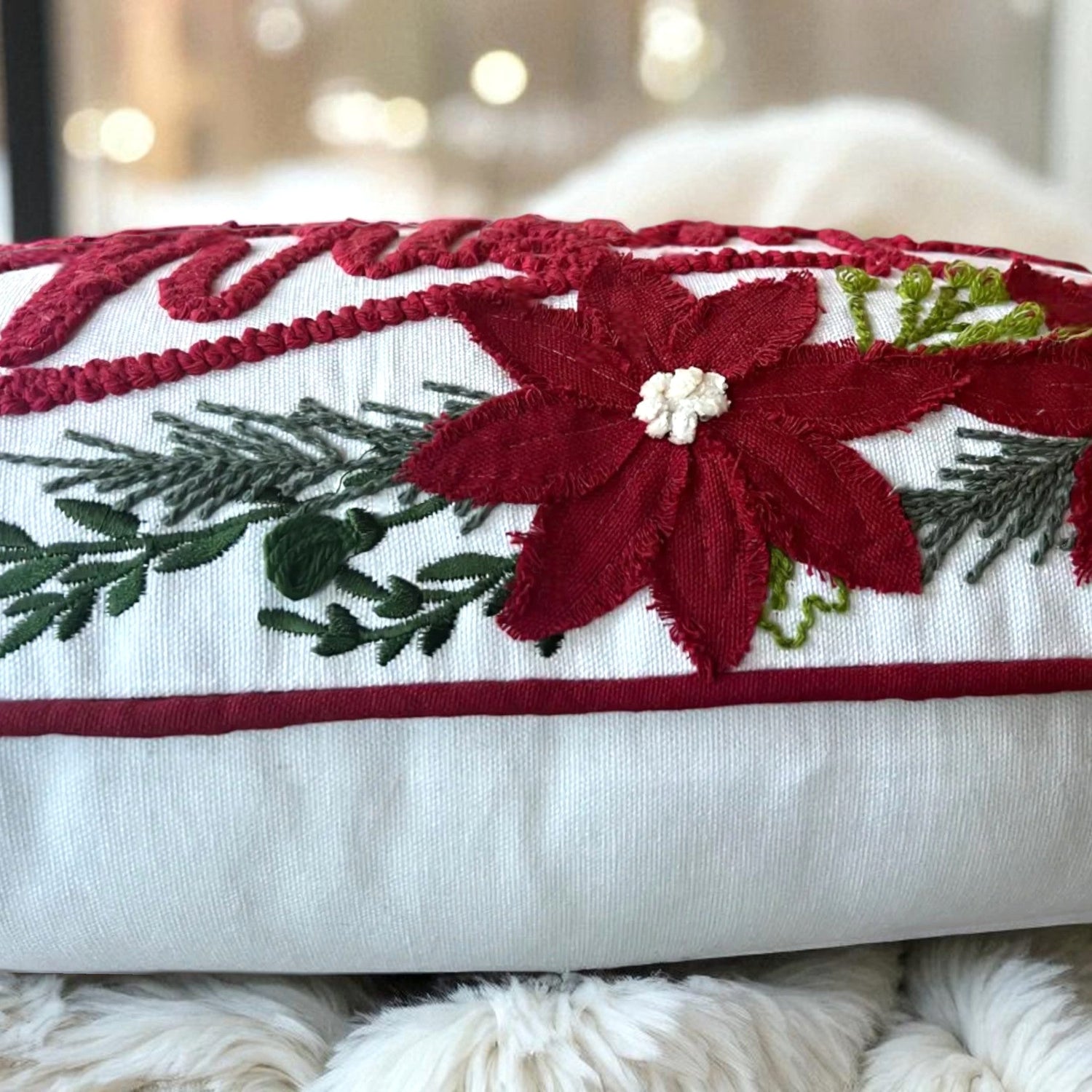 Merry Christmas Vintage Poinsettia Throw Pillow