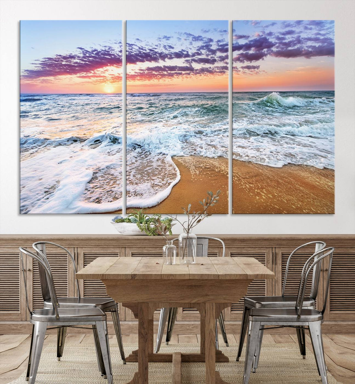 Vivid Sunset Ocean Waves Wall Art Print, Coastal Beach