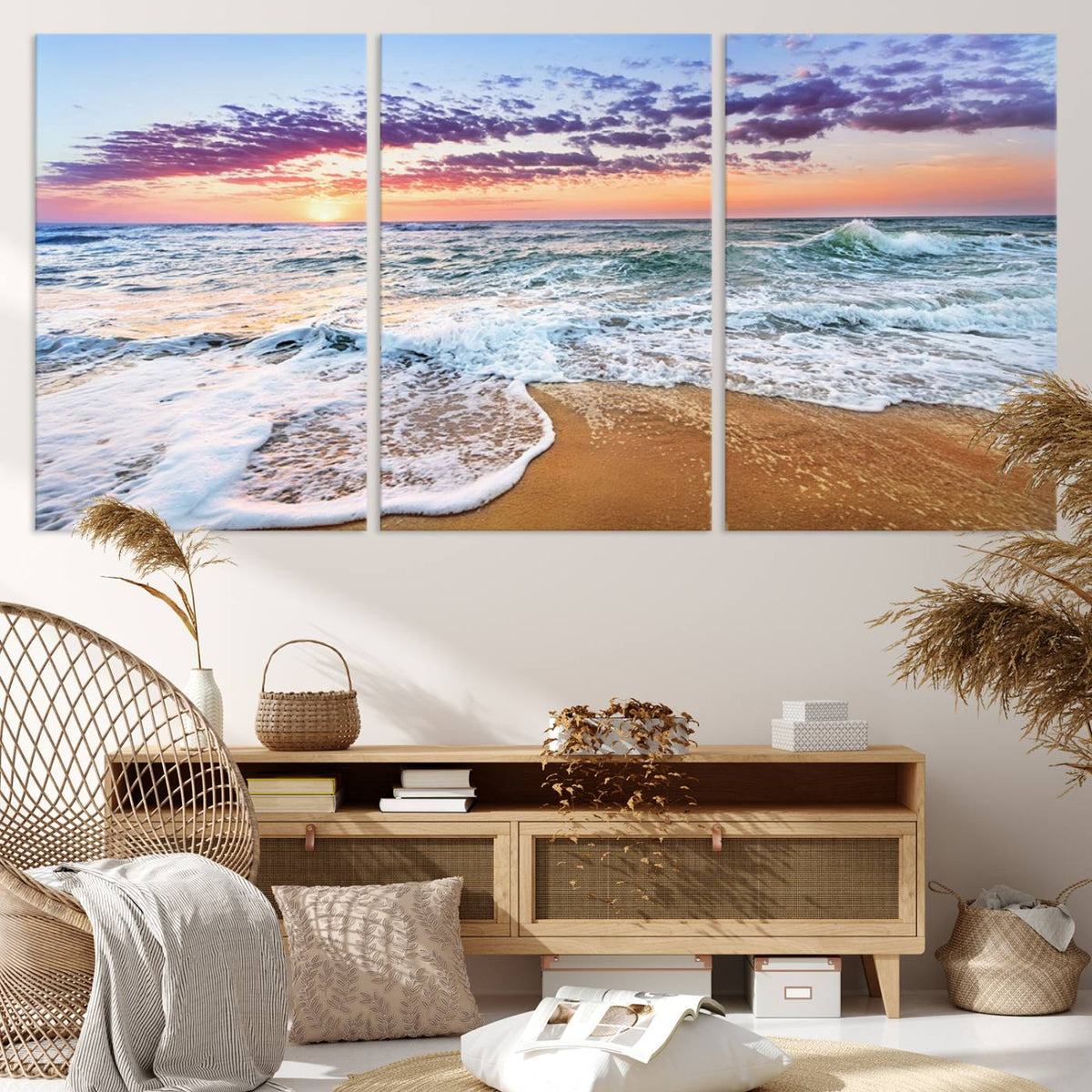Vivid Sunset Ocean Waves Wall Art Print, Coastal Beach