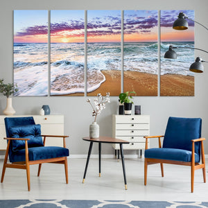 Vivid Sunset Ocean Waves Wall Art Print, Coastal Beach