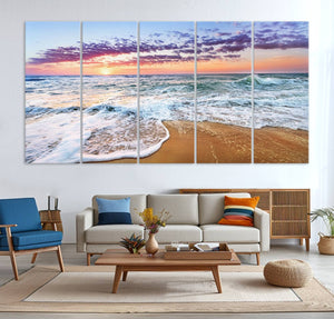 Vivid Sunset Ocean Waves Wall Art Print, Coastal Beach