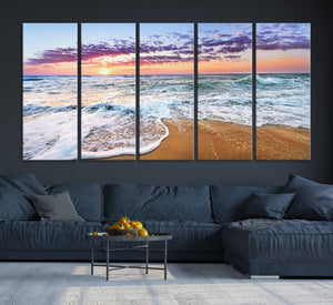 Vivid Sunset Ocean Waves Wall Art Print, Coastal Beach