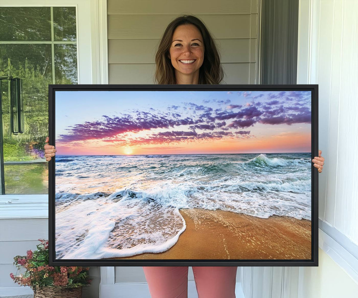 Vivid Sunset Ocean Waves Wall Art Print, Coastal Beach