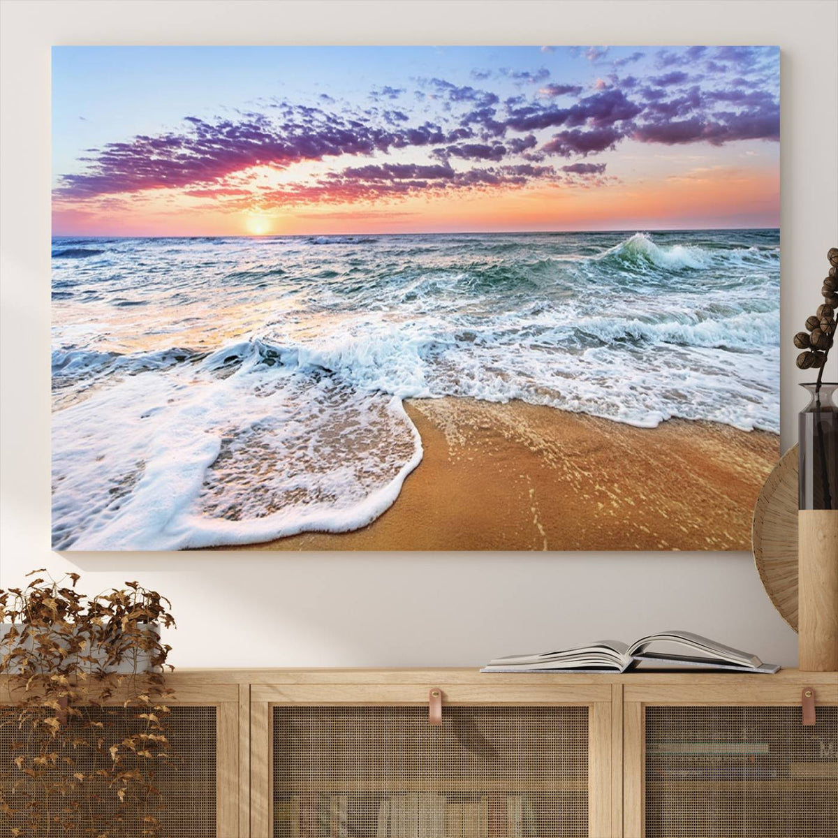 Vivid Sunset Ocean Waves Wall Art Print, Coastal Beach