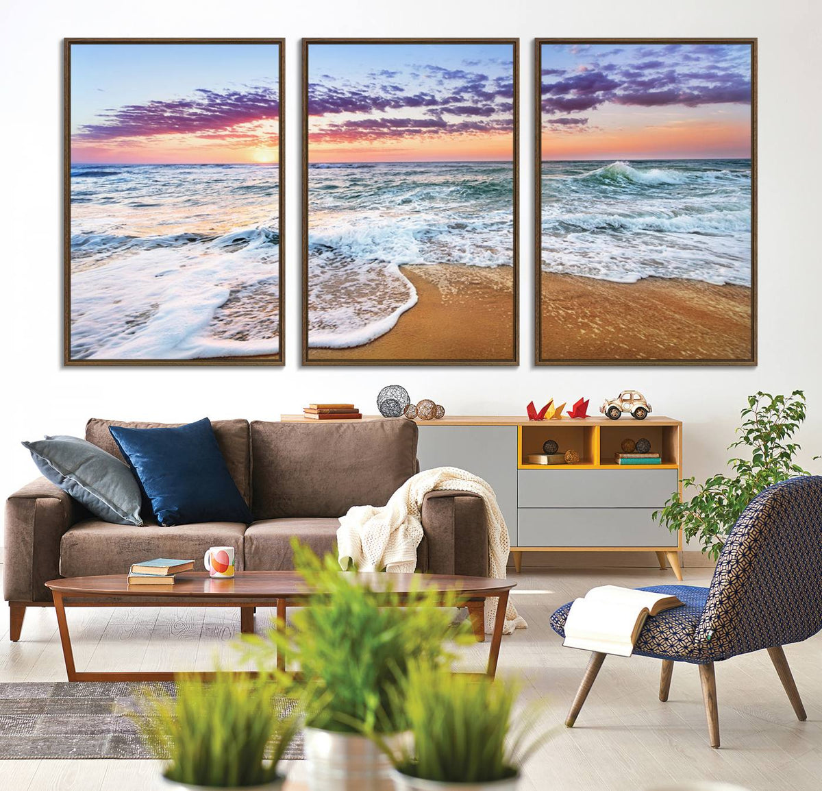 Vivid Sunset Ocean Waves Wall Art Print, Coastal Beach