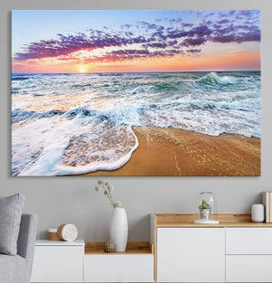 Vivid Sunset Ocean Waves Wall Art Print, Coastal Beach
