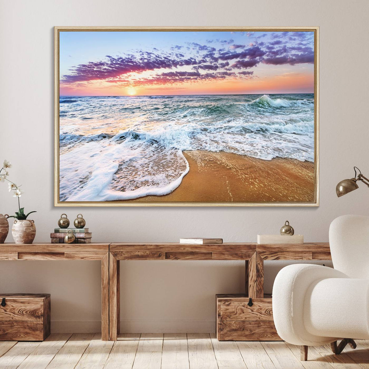 Vivid Sunset Ocean Waves Wall Art Print, Coastal Beach