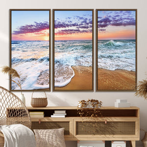 Vivid Sunset Ocean Waves Wall Art Print, Coastal Beach