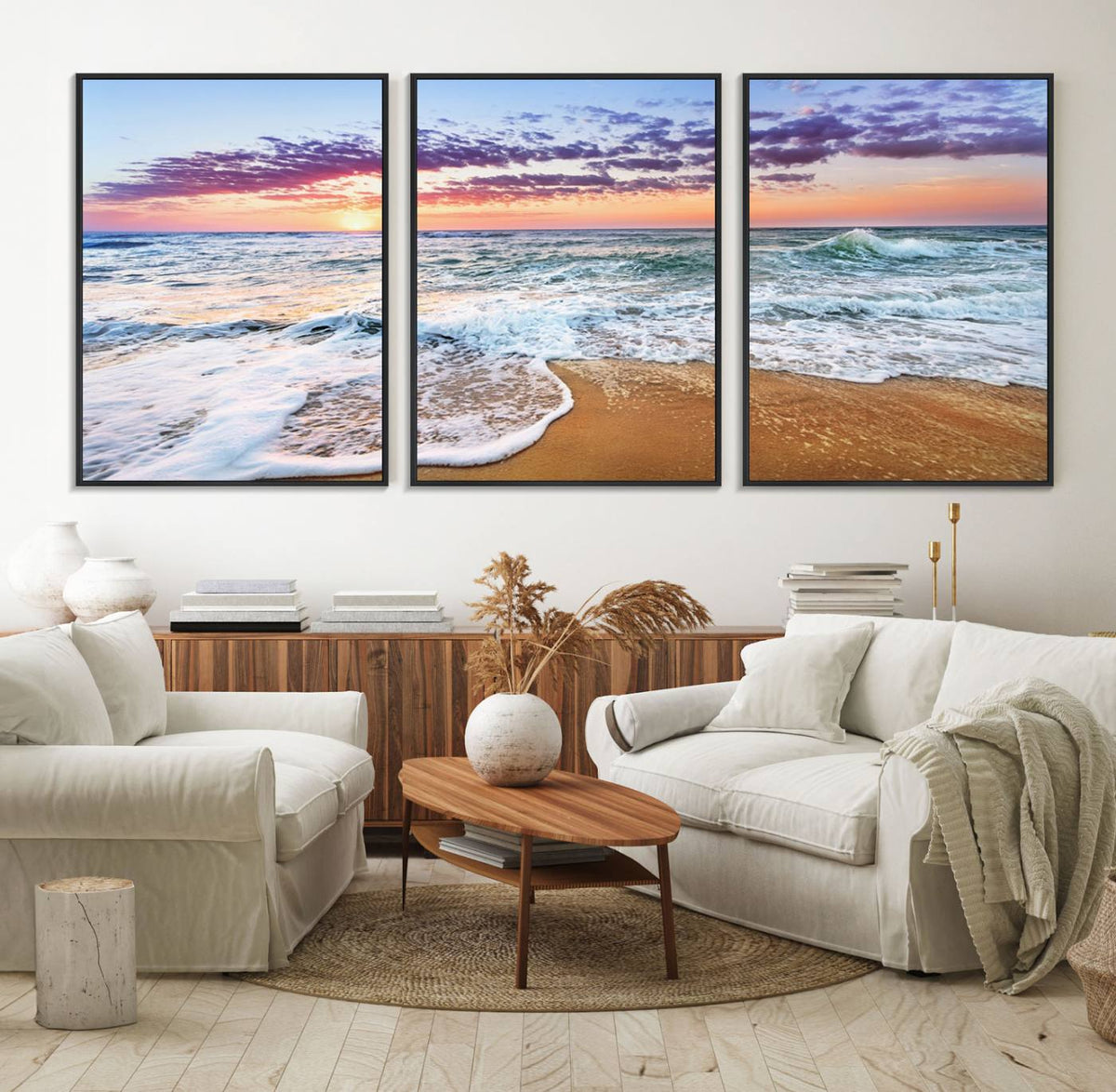 Vivid Sunset Ocean Waves Wall Art Print, Coastal Beach