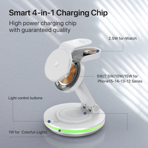 Foldable 4-in-1 Magnetic Wireless Charging Station with 7-Color Night Light for iPhone, Apple Watch & AirPods