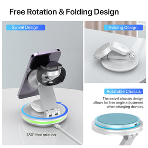 Foldable 4-in-1 Magnetic Wireless Charging Station with 7-Color Night Light for iPhone, Apple Watch & AirPods