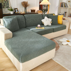Leaf Pattern Jacquard Fabric Stretchable Cushion Cover, Non-Slip Furniture Protector for Kids, L Shaped Couch Covers